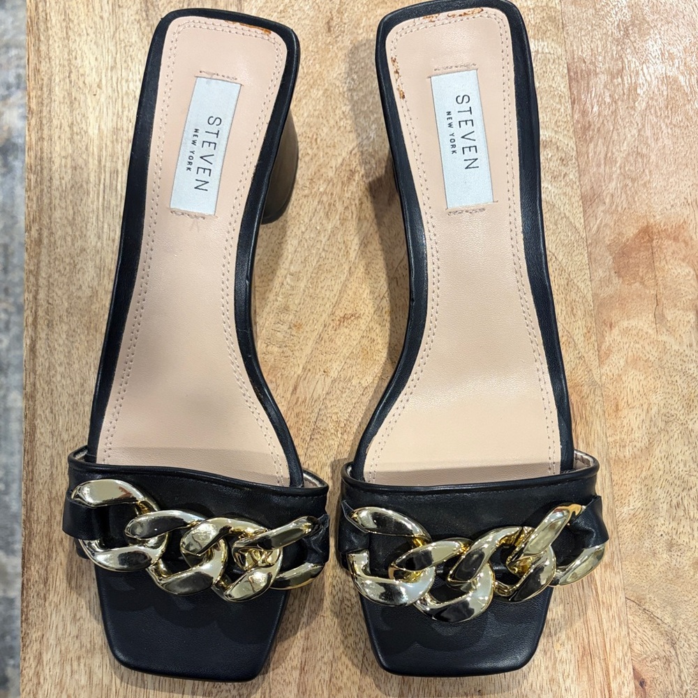 Seven7 Black Mules with Gold Chain Accent